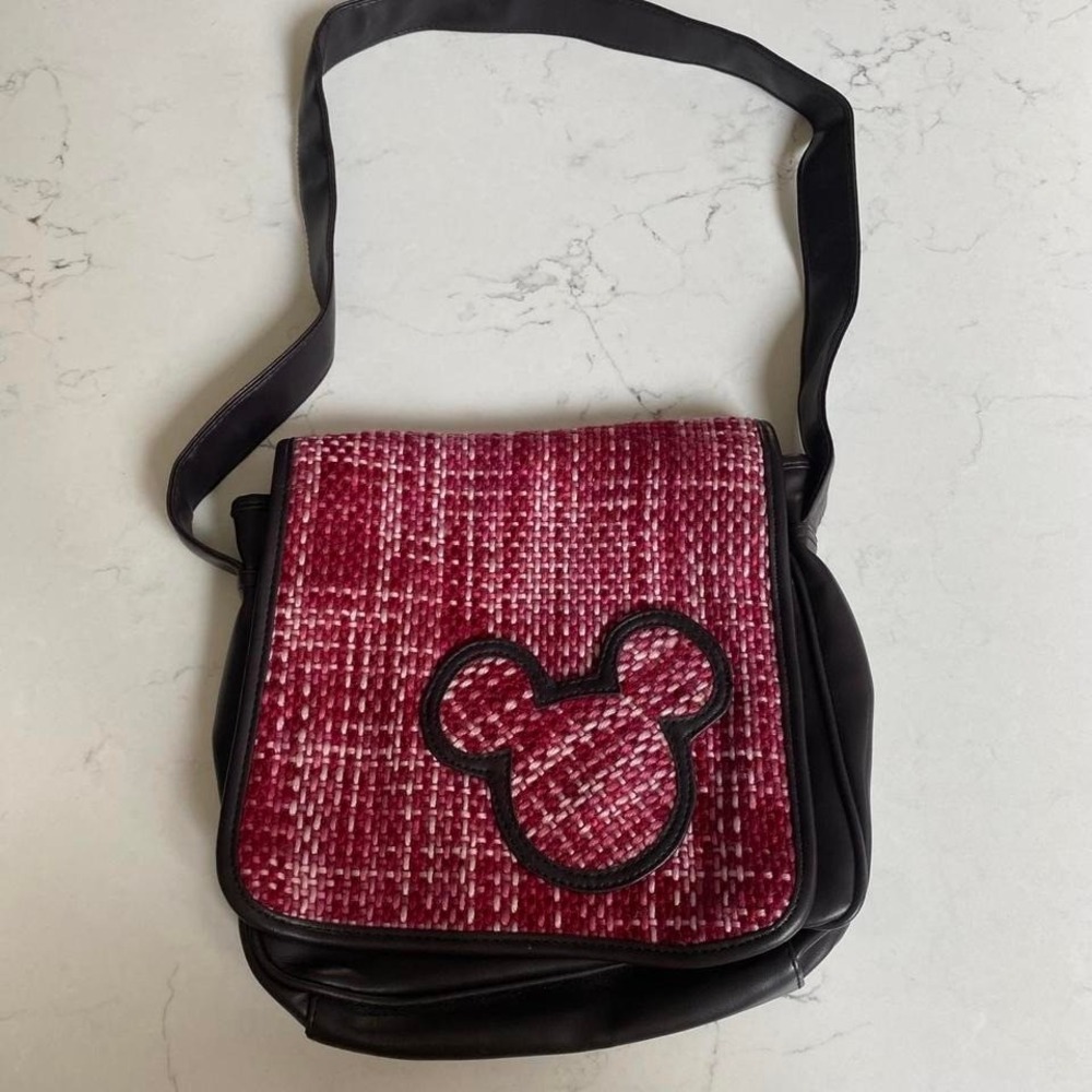 Disney‎ Parks Mickey Mouse Red Woven Crossbody Shoulder Bag Pink Lining